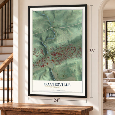 Coatesville, Pennsylvania map, 24 x 36 inch print in a black frame by a staircase