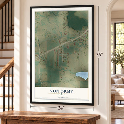 Von Ormy, Texas map, 24 x 36 inch print in a black frame by a staircase