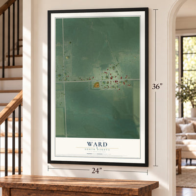 Ward, South Dakota map, 24 x 36 inch print in a black frame by a staircase