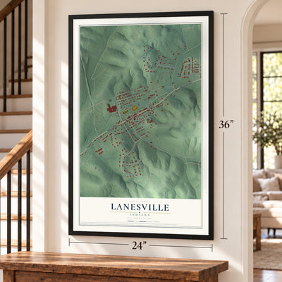 Lanesville, Indiana map, 24 x 36 inch print in a black frame by a staircase