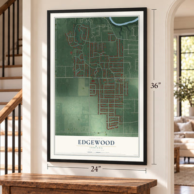 Edgewood, Indiana map, 24 x 36 inch print in a black frame by a staircase