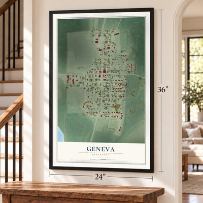Geneva, Minnesota map, 24 x 36 inch print in a black frame by a staircase