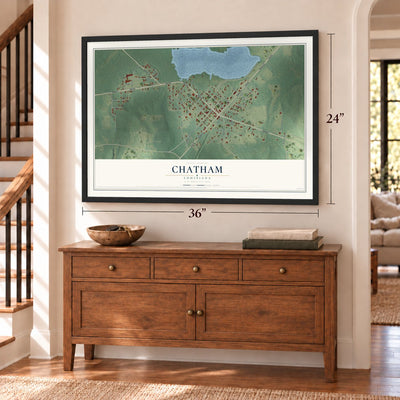 Chatham, Louisiana map, 24 x 36 inch print in a black frame above a dresser by a staircase