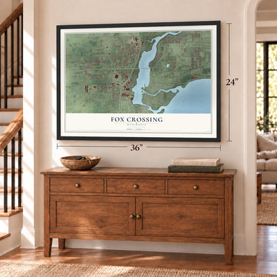 Fox Crossing, Wisconsin map, 24 x 36 inch print in a black frame above a dresser by a staircase