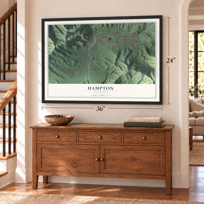 Hampton, Tennessee map, 24 x 36 inch print in a black frame above a dresser by a staircase