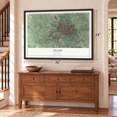 Elgin, Illinois map, 24 x 36 inch print in a black frame above a dresser by a staircase