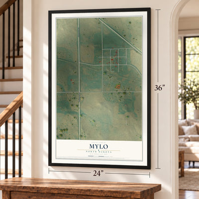 Mylo, North Dakota map, 24 x 36 inch print in a black frame by a staircase