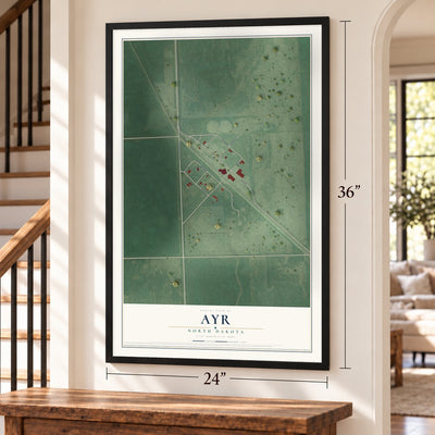 Ayr, North Dakota map, 24 x 36 inch print in a black frame by a staircase