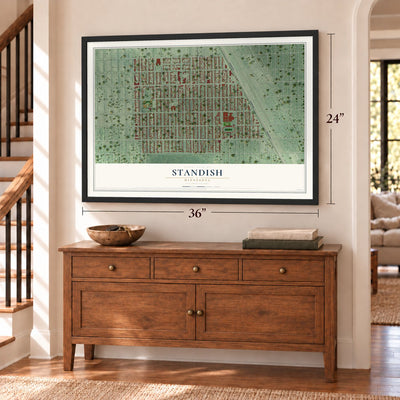 Standish, Minnesota map, 24 x 36 inch print in a black frame above a dresser by a staircase