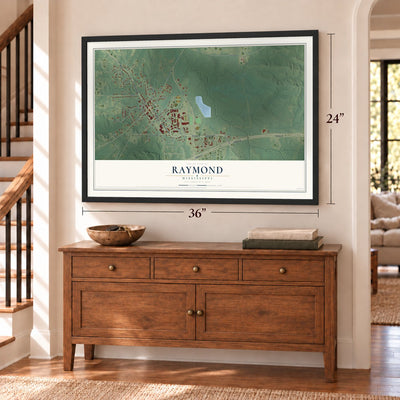 Raymond, Mississippi map, 24 x 36 inch print in a black frame above a dresser by a staircase