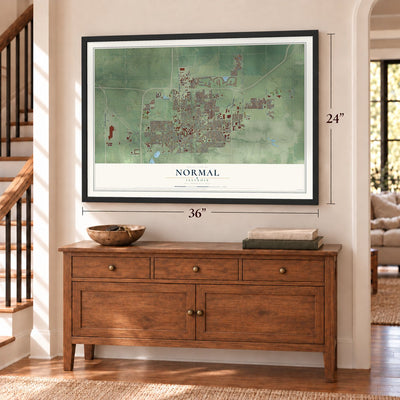 Normal, Illinois map, 24 x 36 inch print in a black frame above a dresser by a staircase