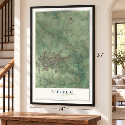 Republic, Missouri map, 24 x 36 inch print in a black frame by a staircase