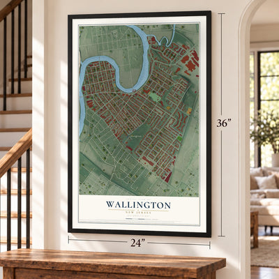 Wallington, New Jersey map, 24 x 36 inch print in a black frame by a staircase