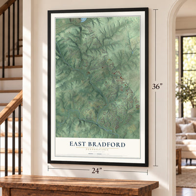 East Bradford, Pennsylvania map, 24 x 36 inch print in a black frame by a staircase