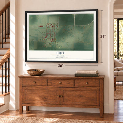Hull, Illinois map, 24 x 36 inch print in a black frame above a dresser by a staircase