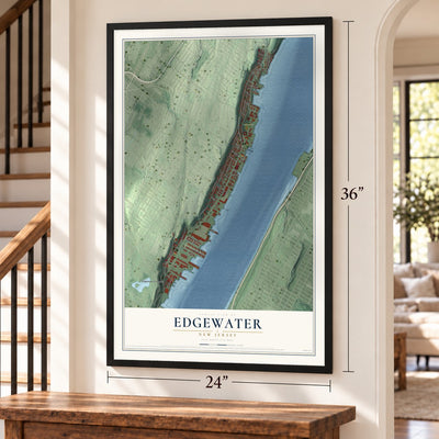 Edgewater, New Jersey map, 24 x 36 inch print in a black frame by a staircase