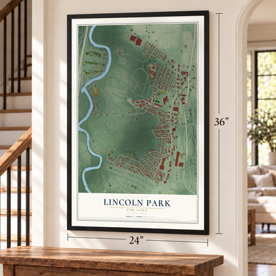 Lincoln Park, New York map, 24 x 36 inch print in a black frame by a staircase
