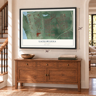 Lackawanna, New York map, 24 x 36 inch print in a black frame above a dresser by a staircase