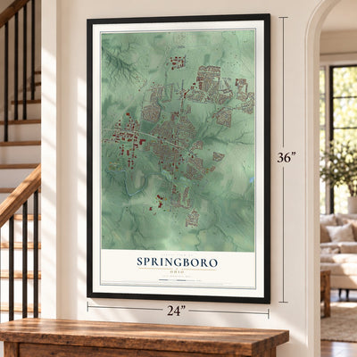 Springboro, Ohio map, 24 x 36 inch print in a black frame by a staircase