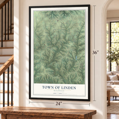 Town of Linden, Wisconsin map, 24 x 36 inch print in a black frame by a staircase