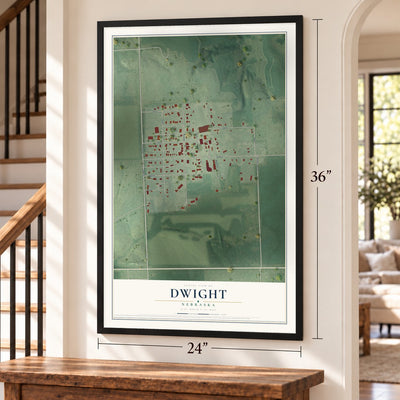 Dwight, Nebraska map, 24 x 36 inch print in a black frame by a staircase