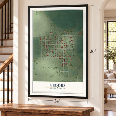 Geddes, South Dakota map, 24 x 36 inch print in a black frame by a staircase