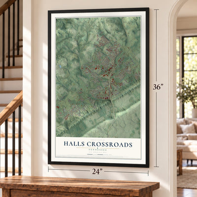 Halls Crossroads, Tennessee map, 24 x 36 inch print in a black frame by a staircase
