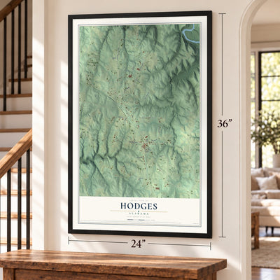 Hodges, Alabama map, 24 x 36 inch print in a black frame by a staircase