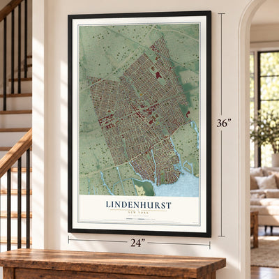 Lindenhurst, New York map, 24 x 36 inch print in a black frame by a staircase
