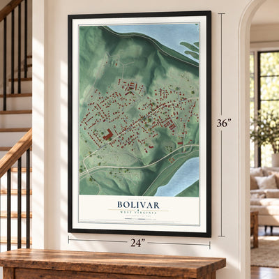 Bolivar, West Virginia map, 24 x 36 inch print in a black frame by a staircase