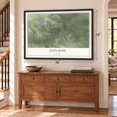 Glen Rose, Texas map, 24 x 36 inch print in a black frame above a dresser by a staircase