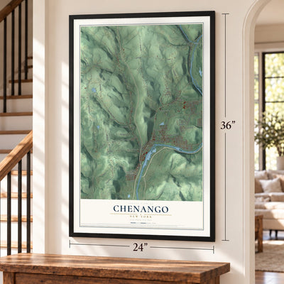 Chenango, New York map, 24 x 36 inch print in a black frame by a staircase