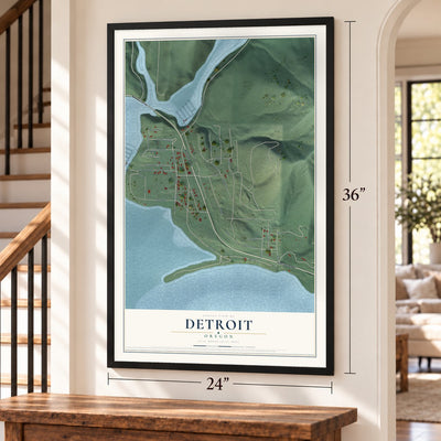 Detroit, Oregon map, 24 x 36 inch print in a black frame by a staircase