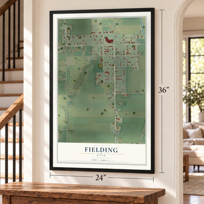 Fielding, Utah map, 24 x 36 inch print in a black frame by a staircase