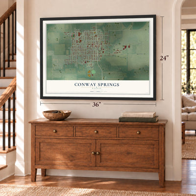 Conway Springs, Kansas map, 24 x 36 inch print in a black frame above a dresser by a staircase