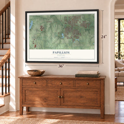 Papillion, Nebraska map, 24 x 36 inch print in a black frame above a dresser by a staircase