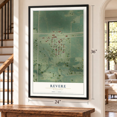 Revere, Minnesota map, 24 x 36 inch print in a black frame by a staircase