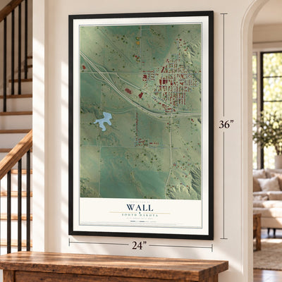 Wall, South Dakota map, 24 x 36 inch print in a black frame by a staircase