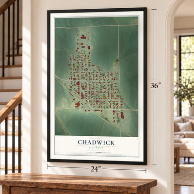 Chadwick, Illinois map, 24 x 36 inch print in a black frame by a staircase