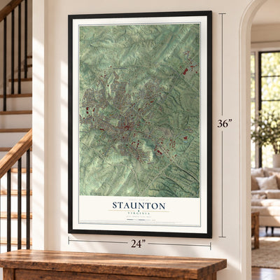 Staunton, Virginia map, 24 x 36 inch print in a black frame by a staircase