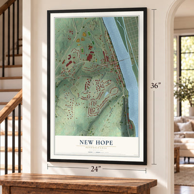 New Hope, Pennsylvania map, 24 x 36 inch print in a black frame by a staircase