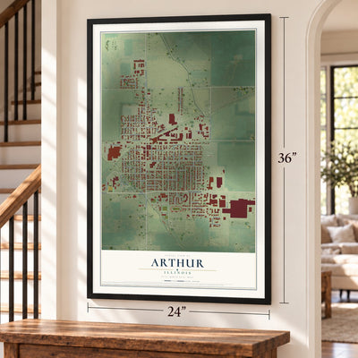 Arthur, Illinois map, 24 x 36 inch print in a black frame by a staircase