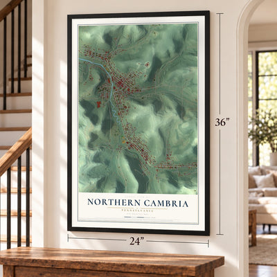 Northern Cambria, Pennsylvania map, 24 x 36 inch print in a black frame by a staircase