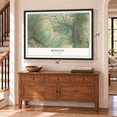 Rosalia, Washington map, 24 x 36 inch print in a black frame above a dresser by a staircase
