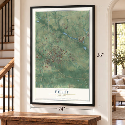 Perry, Georgia map, 24 x 36 inch print in a black frame by a staircase