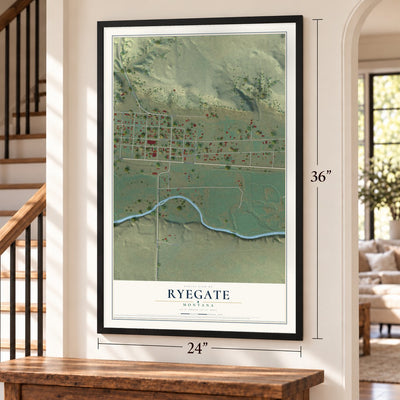 Ryegate, Montana map, 24 x 36 inch print in a black frame by a staircase