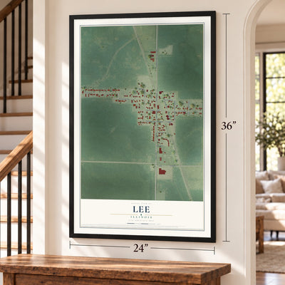Lee, Illinois map, 24 x 36 inch print in a black frame by a staircase