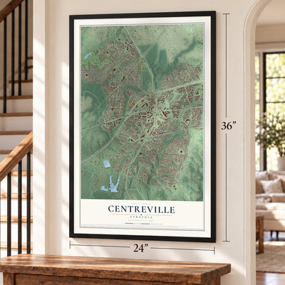 Centreville, Virginia map, 24 x 36 inch print in a black frame by a staircase