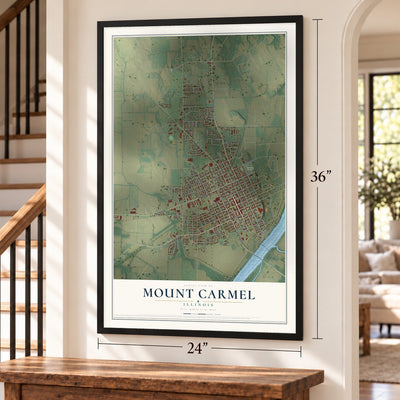 Mount Carmel, Illinois map, 24 x 36 inch print in a black frame by a staircase