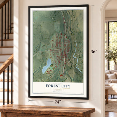 Forest City, Pennsylvania map, 24 x 36 inch print in a black frame by a staircase